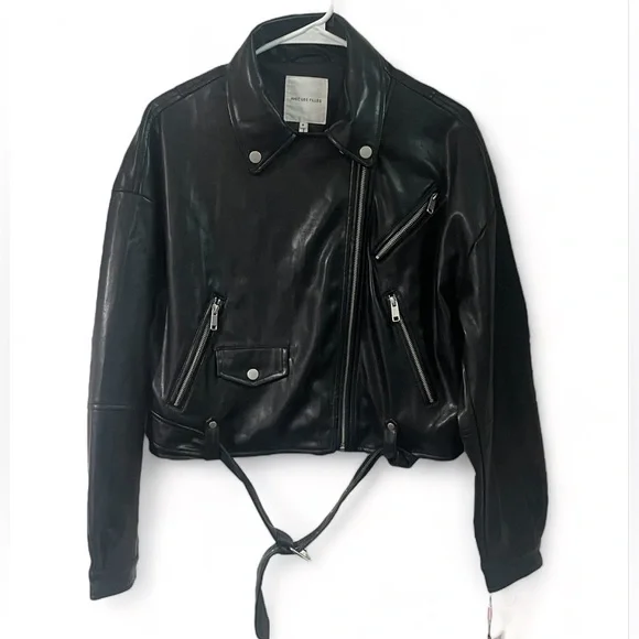 Avec Les Filles Oversized Faux Leather Cropped Biker Jacket - Black - M - Picture 3 of 11